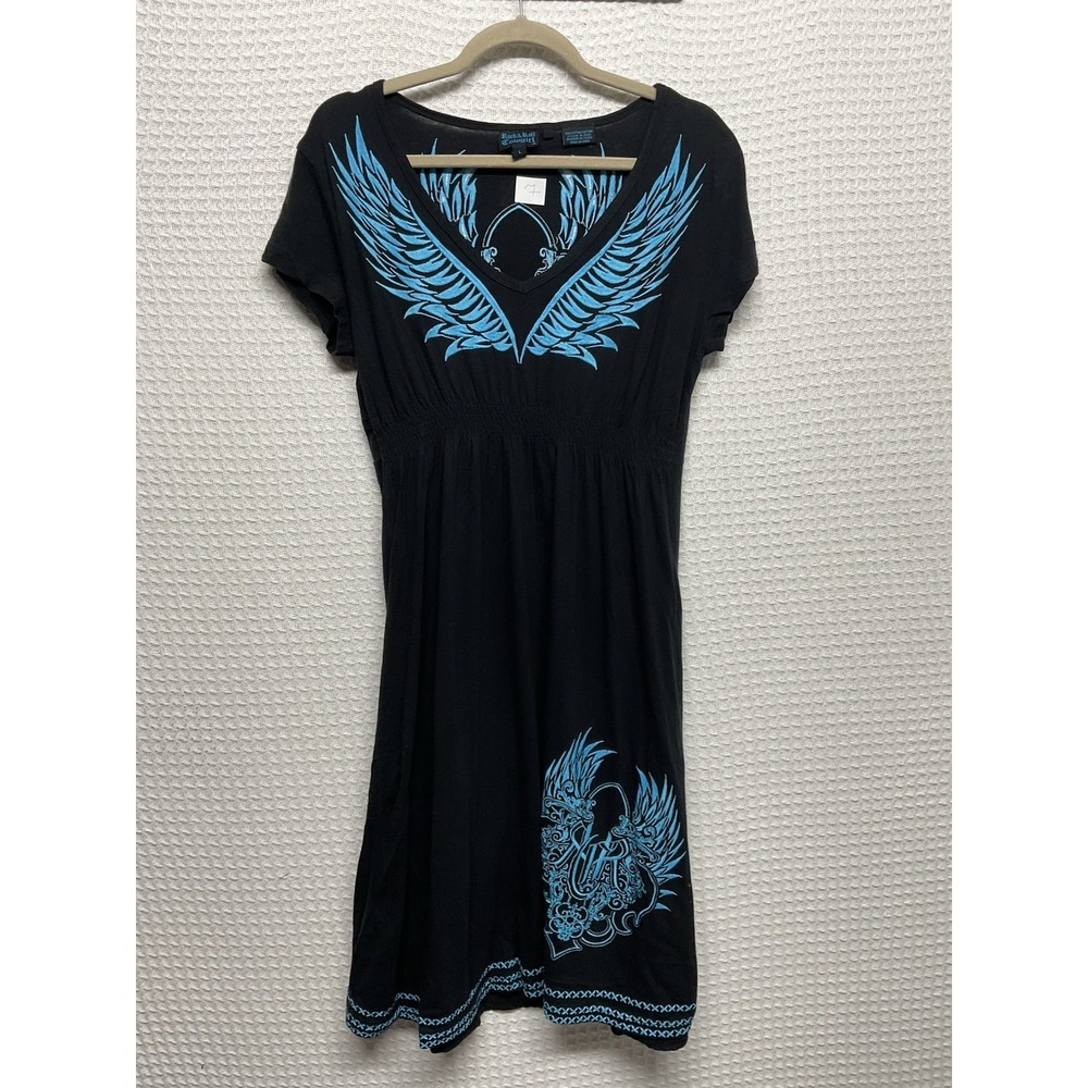 Y2K ROCK & ROLL COWGIRL L Blue‎ Teal Black Empire Stretch Waist Dress Wings Back